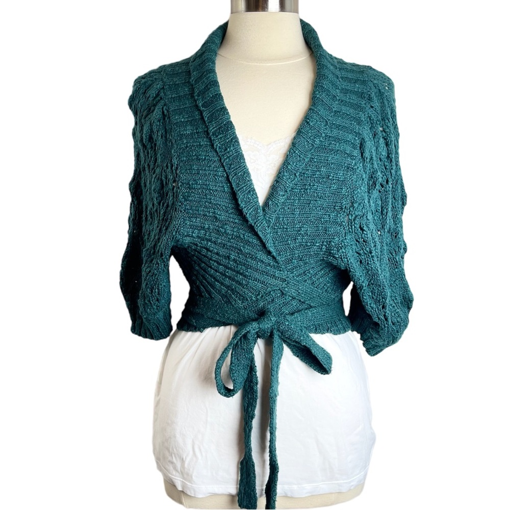 Free People Teal Green Cropped Wrap Sweater Shrug